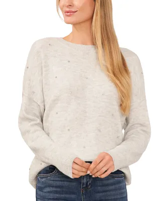 CeCe Women's Rhinestone Embellished Crewneck Sweater