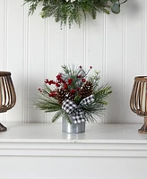 Frosted Pinecones and Berries Artificial Arrangement in Vase with Decorative Plaid Bow, 12"