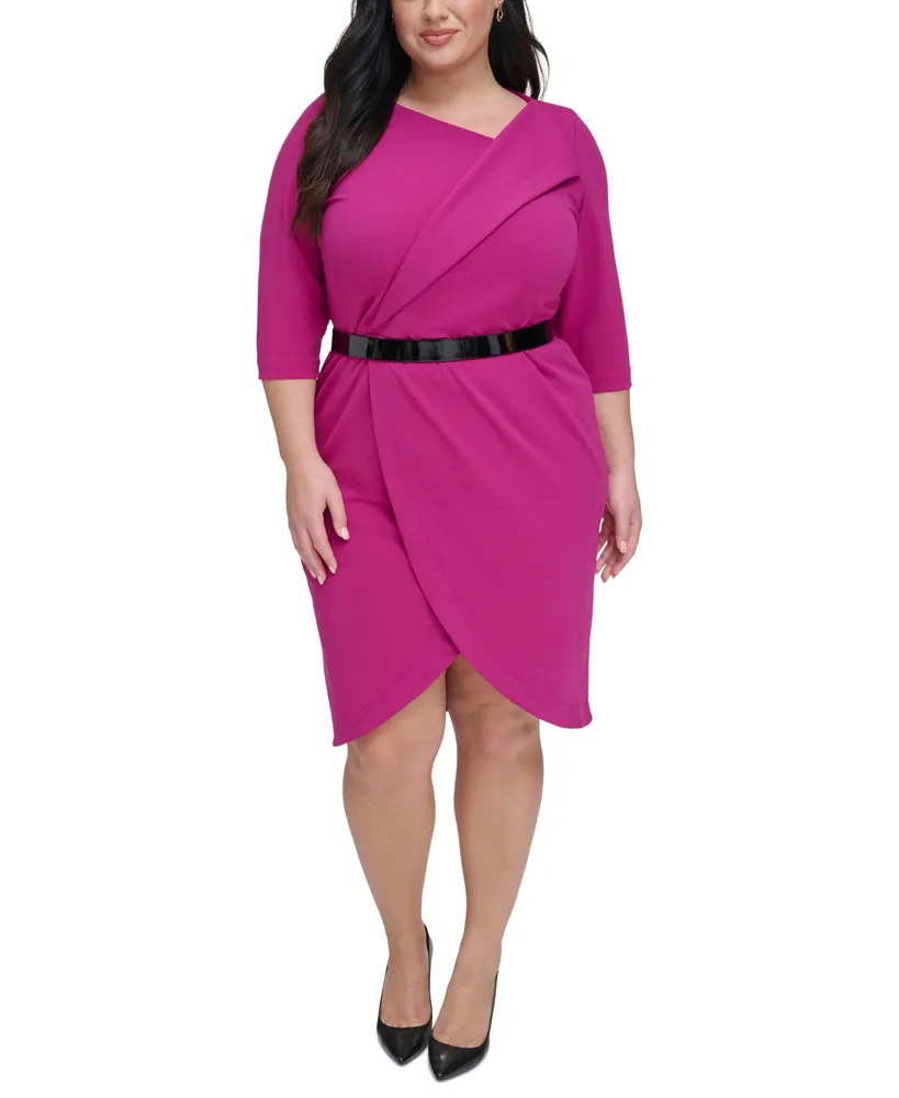 Calvin Klein Plus Size Belted 3/4-Sleeve Tulip-Hem Dress