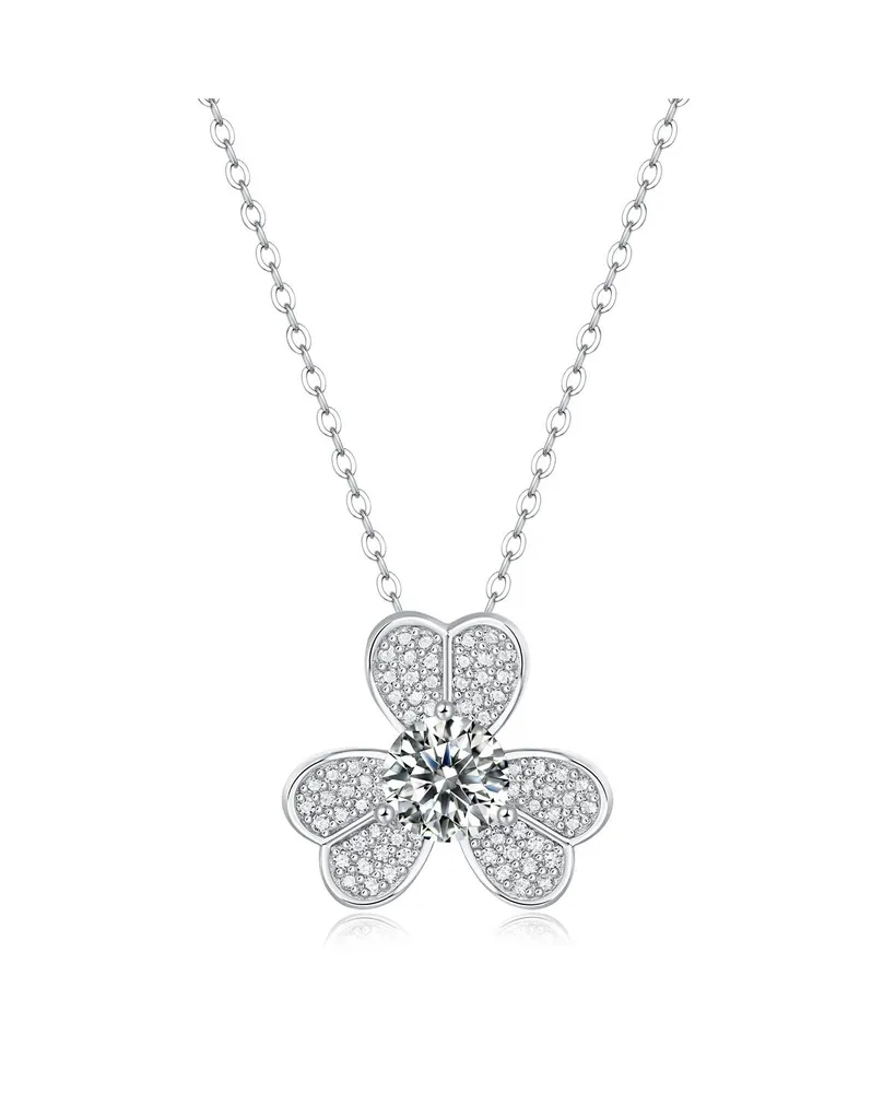 Sterling Silver White Gold Plated with 1ctw Lab Created Moissanite French Pave Blooming Flower Solitaire Pendant Necklace