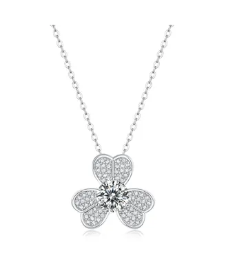 Sterling Silver White Gold Plated with 1ctw Lab Created Moissanite French Pave Blooming Flower Solitaire Pendant Necklace