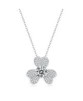 Sterling Silver White Gold Plated with 1ctw Lab Created Moissanite French Pave Blooming Flower Solitaire Pendant Necklace