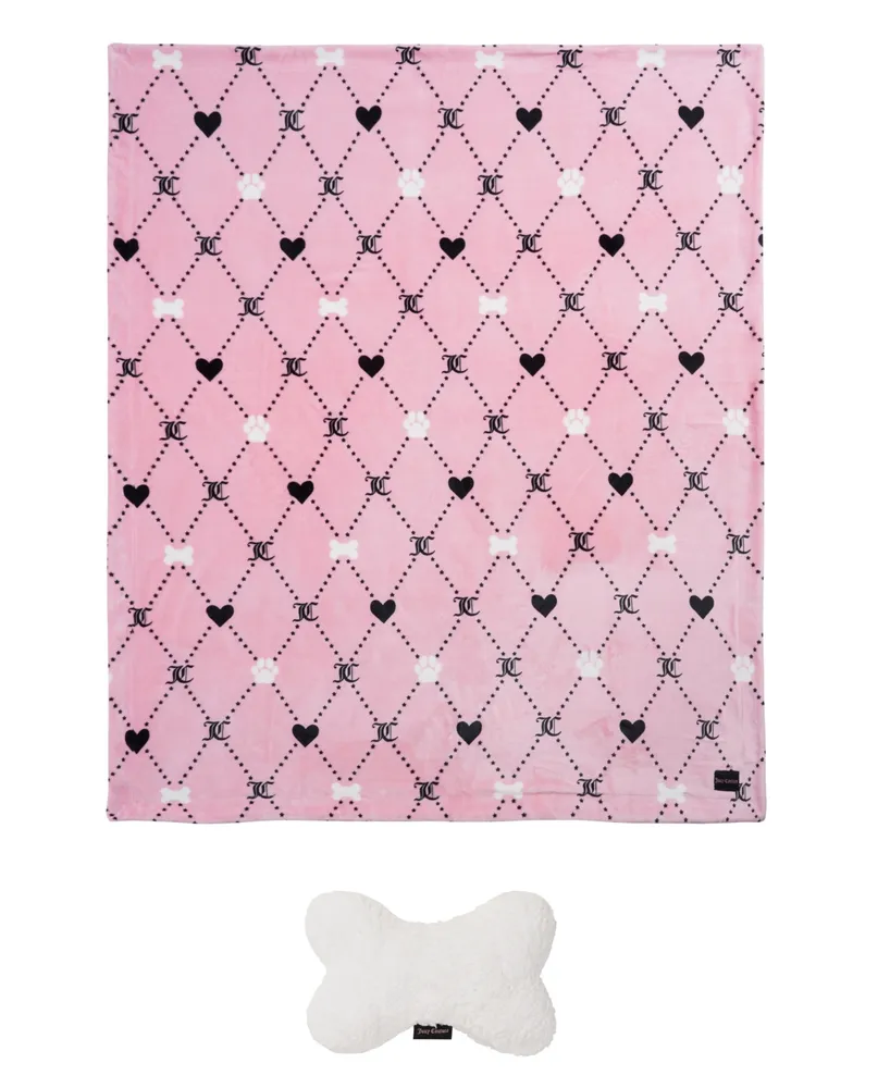 Juicy Couture Paw Heart Pet Plush Sherpa 50" x 60" Blanket Bone Pillow, Set of 2