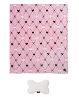 Juicy Couture Paw Heart Pet Plush Sherpa 50" x 60" Blanket Bone Pillow, Set of 2