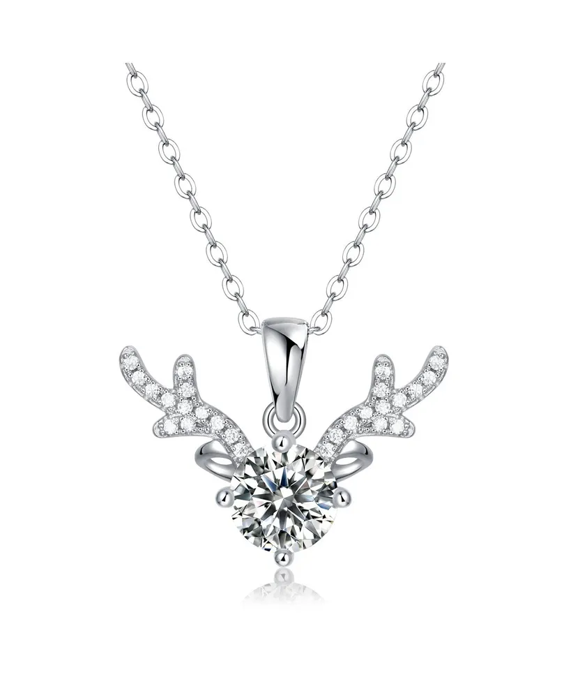 Sterling Silver White Gold Plated with 1ctw Lab Created Moissanite Solitaire Pave Antler Pendant Layering Necklace