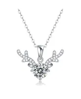 Sterling Silver White Gold Plated with 1ctw Lab Created Moissanite Solitaire Pave Antler Pendant Layering Necklace