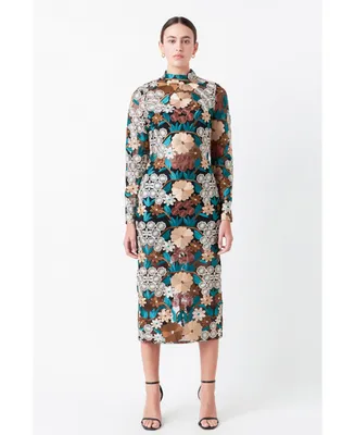 Women's Floral Embroidered Midi Dress