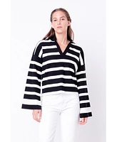 Women's Striped Collared Cropped Sweater