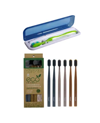 Pursonic 100% Eco-friendly Cedarwood Toothbrushes (6 Pack) & Portable Uv Toothbrush Sanitizer - Assorted Pre