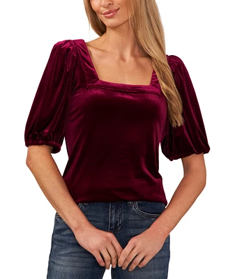 CeCe Women's Square Neck Short Puff Sleeve Velvet Top