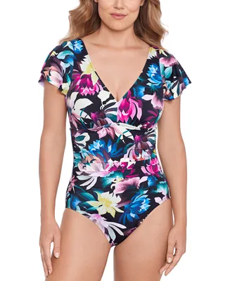 Swim Solutions Women's Floral-Print Flutter-Sleeve One-Piece Swimsuit, Created for Macy's