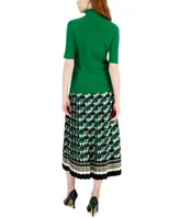 Anne Klein Womens Turtleneck Elbow Sleeve Sweater Printed Pull On Pleated Skirt