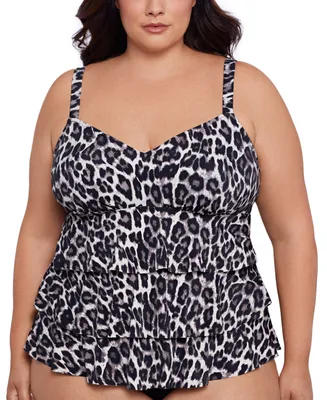 Swim Solutions Plus Leopard-Print Tiered Tankini Top, Created for Macy's