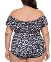 Swim Solutions Plus Cheetah-Print Off-The-Shoulder One piece Swimsuit, Created for Macy's