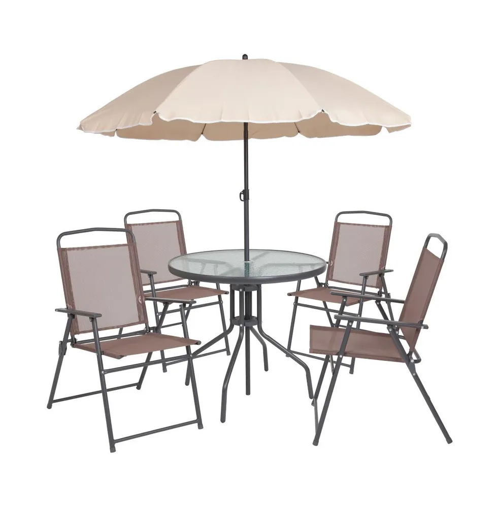 6 Piece Patio Garden Set With Table, Umbrella And 4 Folding Chairs