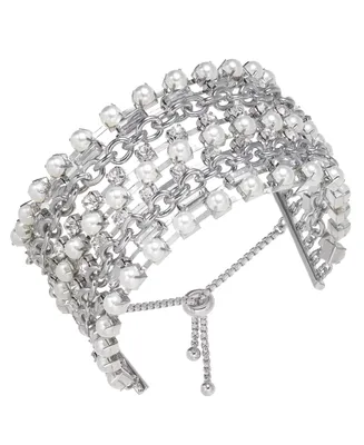 I.n.c. International Concepts Silver-Tone Crystal & Imitation Pearl Statement Slider Bracelet, Created for Macy's