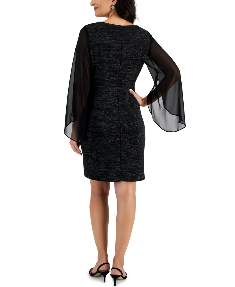 Connected Petite Chiffon Cape-Sleeve Metallic Dress