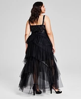 City Studios Plus Sequin Tiered Mesh Gown, Created for Macy's