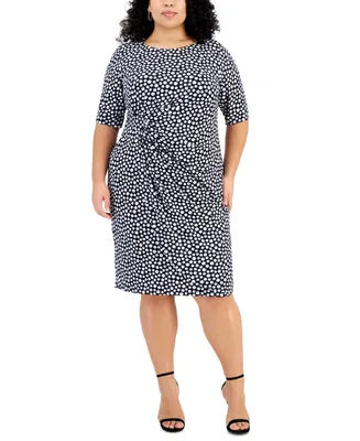 Connected Plus Elbow-Sleeve Gathered Jersey Sheath Dress