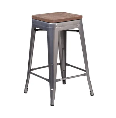 Hamburg Clear Coated Gray Metal Bar Counter Stool With Textured Walnut Elm Wood Seat