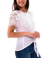 Ny Collection Petite Short Sleeve Lace Detail Top