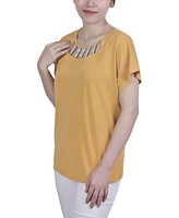 Ny Collection Petite Short Sleeve Knit Top with Hardware