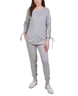 Ny Collection Petite Drawstring Sleeve Top and Jogger Set, 2 Piece
