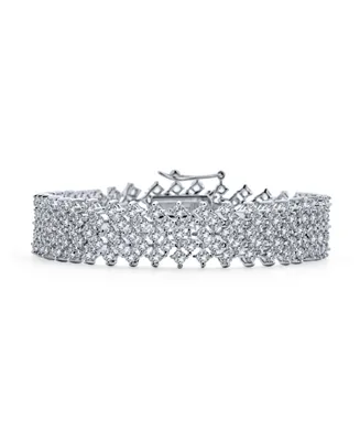 Elegant Bridal Wide Aaa Cz Statement Bracelet Rhodium Plated for Women, Prom, Wedding Formal Wear Multi Row Lattice Design