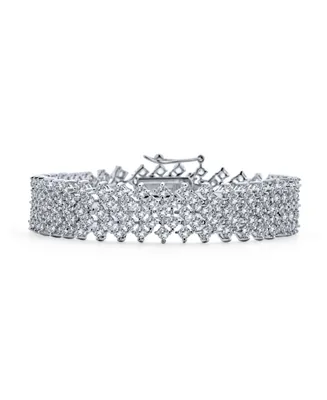 Bling Jewelry Elegant Wide Cz Statement Bracelet Rhodium Plated For Women Prom Formal Wear Multi Row Lattice