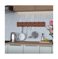 Enid 34 Inch Wall Mount Pine Wood Storage Rack With Hanging Hooks, Entryway, Kitchen, Bathroom