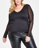 Bar Iii Plus V-Neck Sheer-Sleeve Mesh Top, Created for Macy's