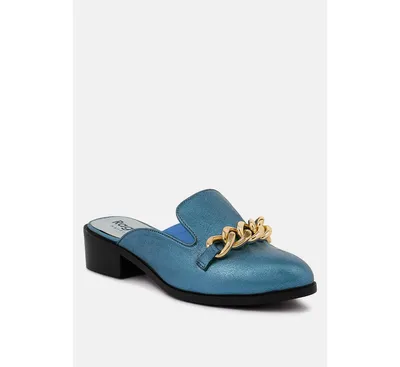 Aksa Womens Chain Embellished Leather Mules