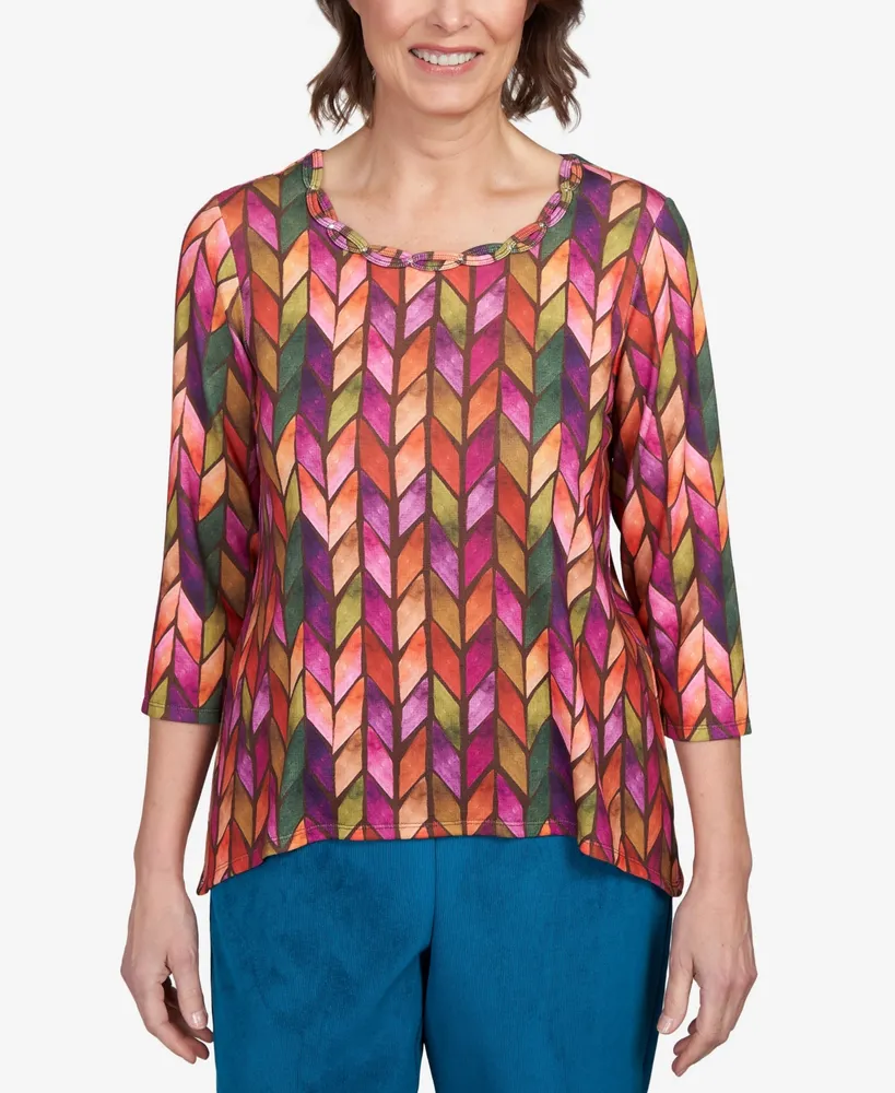 Alfred Dunner Women's Classic Neutrals Chevron Stripe Button Down Top