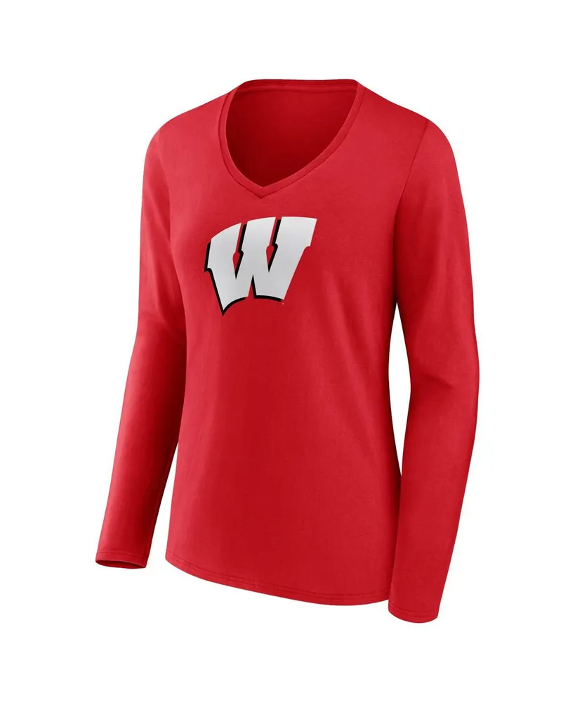 Women's Fanatics Red Wisconsin Badgers Evergreen Logo Long Sleeve V-Neck T-shirt