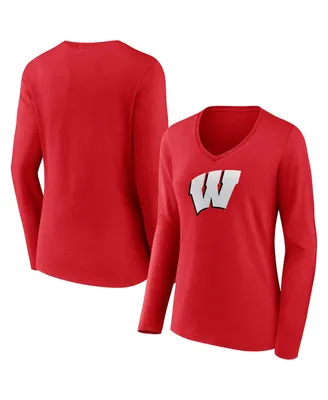 Women's Fanatics Red Wisconsin Badgers Evergreen Logo Long Sleeve V-Neck T-shirt