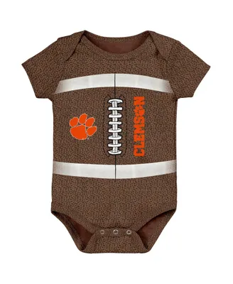 Newborn and Infant Boys Girls Brown Clemson Tigers Catch Me Football Bodysuit