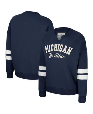 Women's Colosseum Navy Distressed Michigan Wolverines Perfect Date Notch Neck Pullover Sweatshirt