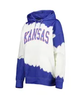 Women's Gameday Couture White, Royal Distressed Kansas Jayhawks For the Fun Double Dip-Dyed Pullover Hoodie