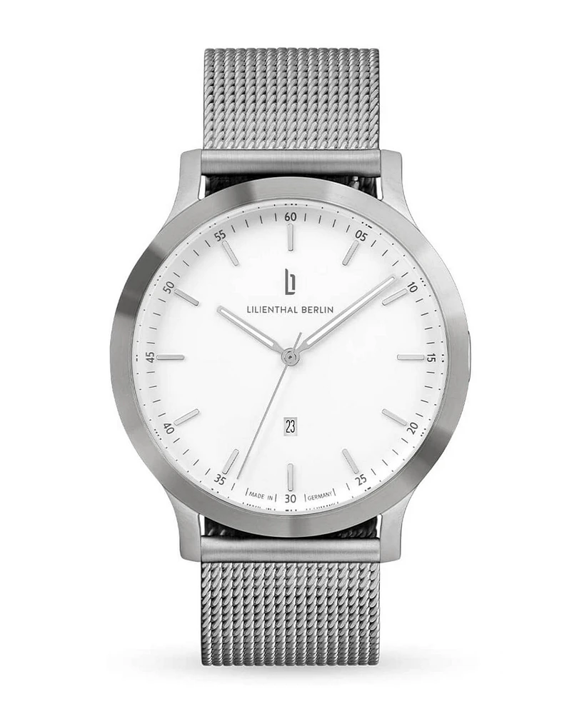 Lilienthal Berlin Unisex Huxley Silver White Silver-Tone Stainless Steel Mesh Watch 40mm