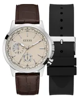 Guess Men's Multi-Function Brown Genuine Leather Watch 44mm Gift Set
