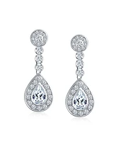 Teardrop Halo Cubic Zirconia Pave Cz Dangle Prom Statement Clip On Earrings For Women