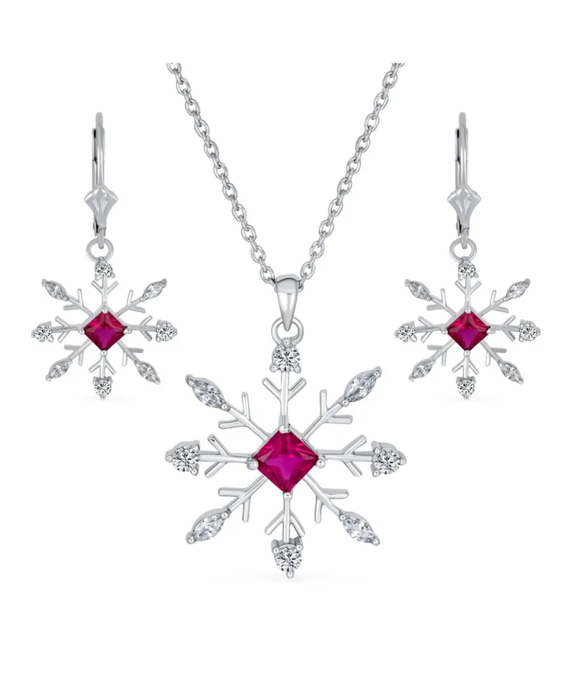 Holiday Party Christmas Pink Rose Cz Clear Cubic Zirconia Snowflake Necklace Pendant Dangling Earrings Jewelry Set For Women Lever Back .925 sterling