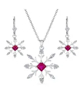 Holiday Party Christmas Pink Rose Cz Clear Cubic Zirconia Snowflake Necklace Pendant Dangling Earrings Jewelry Set For Women Lever Back .925 sterling