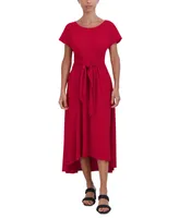 Robbie Bee Women's Round-Neck Tie-Waist High-Low Hem Dress