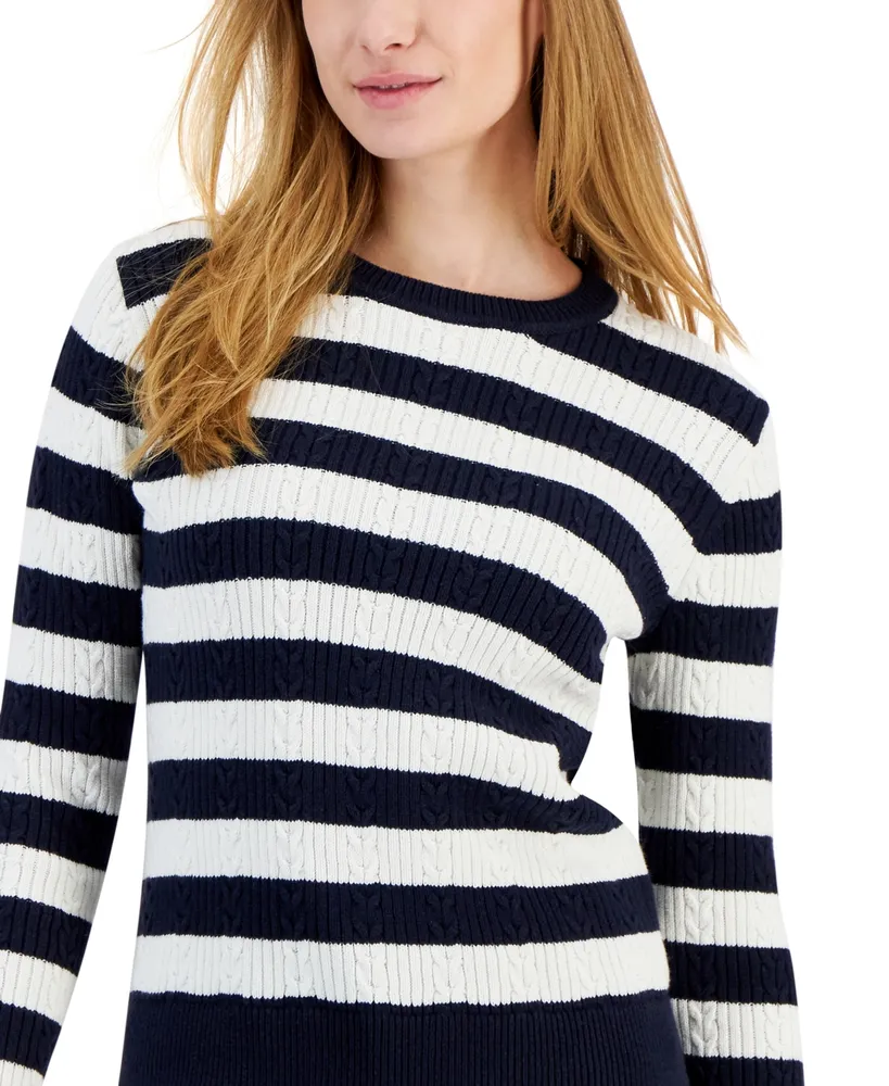 Tommy Hilfiger Women's Cotton Striped Cable-Knit Sweater