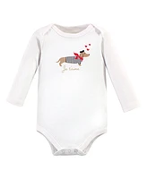 Hudson Baby Girls Cotton Long-Sleeve Bodysuits, Bonjour Dachshund, 3-Pack