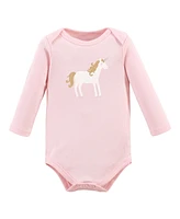 Hudson Baby Girls Cotton Long-Sleeve Bodysuits, Gold Unicorn, 3-Pack