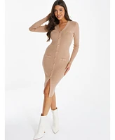 Quiz Women's Gold Button Pocket Knit Long Sleeve Dress