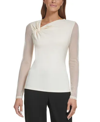 Dkny Petite Solid-Color Asymmetrical V-Neck Sheer-Sleeve Top