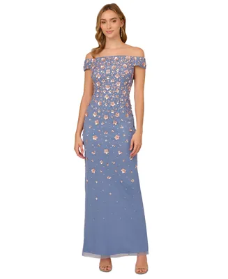 Adrianna Papell Off-The-Shoulder 3-d Beaded Gown